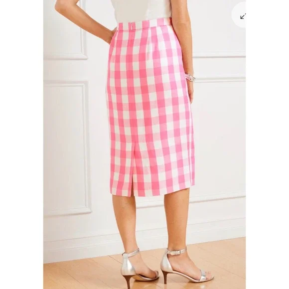 Talbots Pink White Gingham Check Pencil Skirt Size 16 Lined Back Vent Midi - Picture 2 of 10